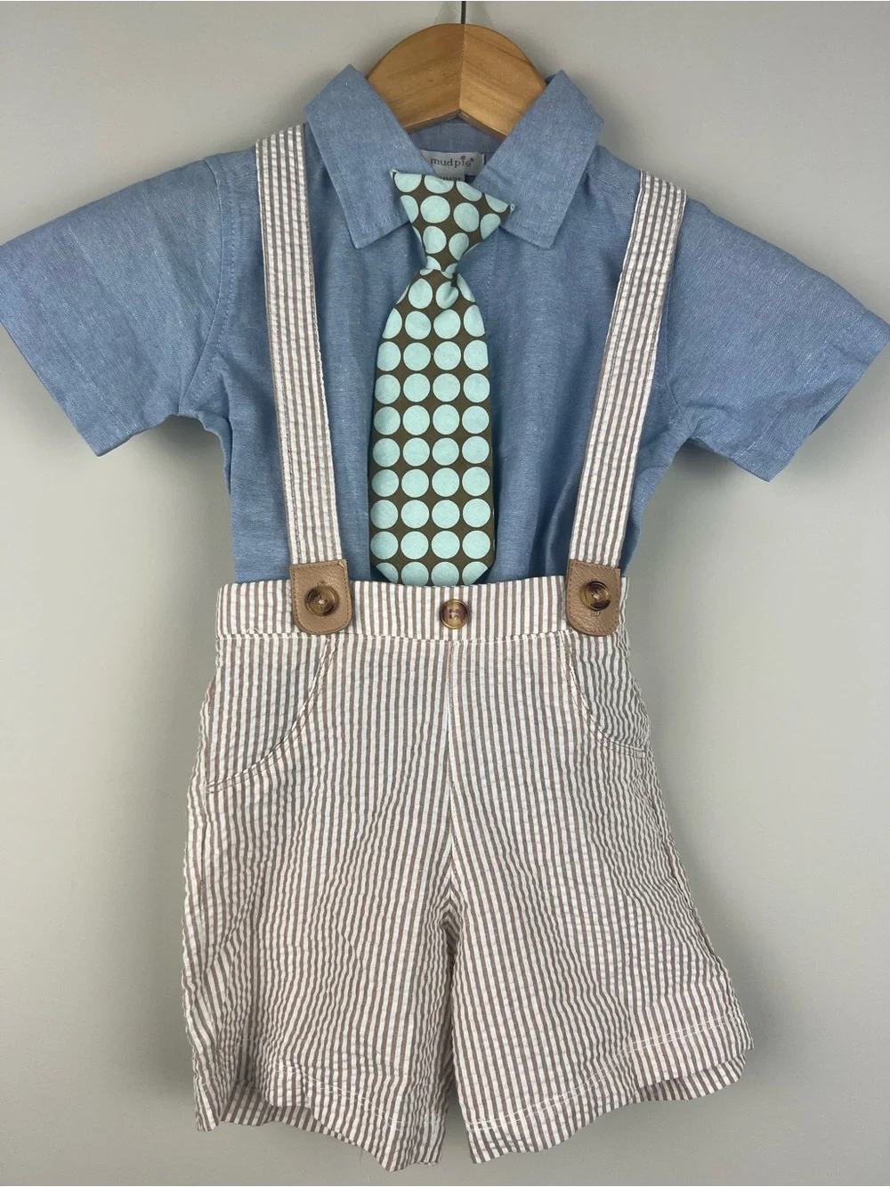 Mudpie Blue Chambray Shirt & Striped Suspender Shorts Set with Aqua Tie